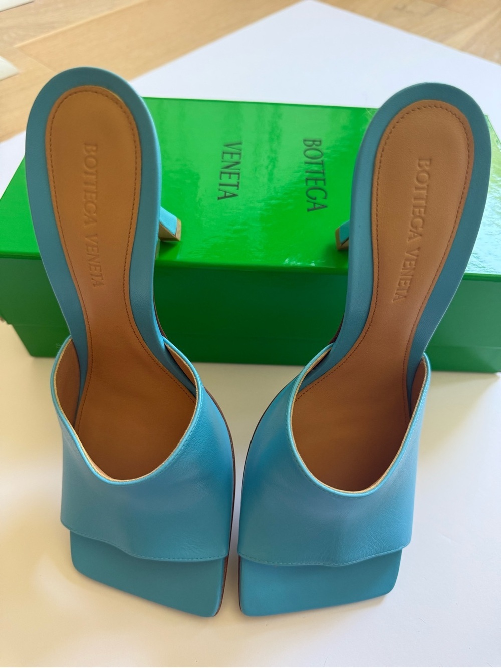 Bottega Veneta Blue Leather Square Toe Mule Heels Size 38 - Picture 4 of 8